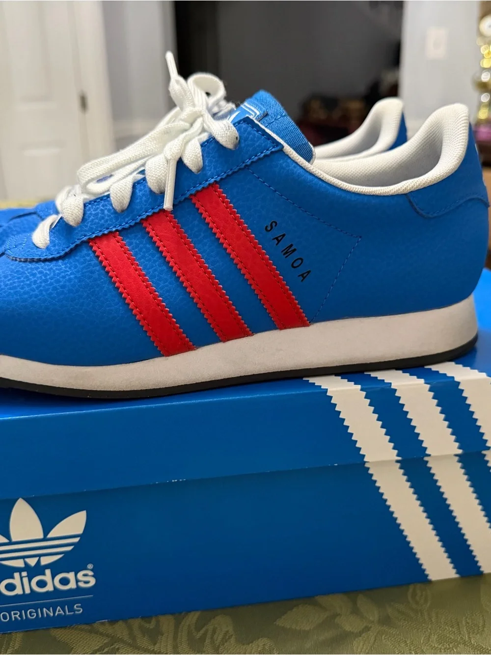 Big Kids Adidas Samoa Blue Sneakers with Red Stripes